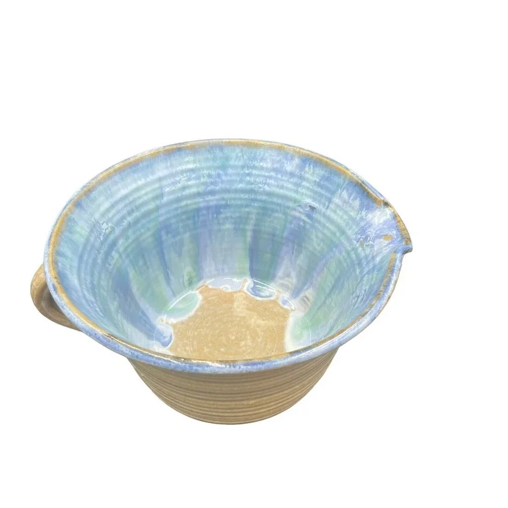 Art studio handmade pottery Mixing Bowl Alan Ward 1991 Blue Green Drip Glaze